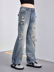 Girls Loose Washed Denim Wide Leg Jeans With Cute Silver Butterfly Decor, Versatile All-Match Casual Fashion Item For All Year Round - Medium Wash - View 8