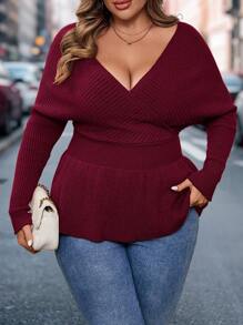 SHEIN LUNE Suéter de mujer de talla grande con cuello en V, dobladillo acampanado y espalda descubierta, color caramelo y rojo marrón, para otoño e invierno, elegante ropa de mujer, estilo campo