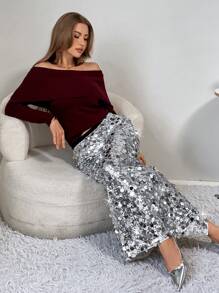 SHEIN Essnce 女士简约亮片装饰及膝长裙，休闲日常穿着 - 銀色 - 查看 3