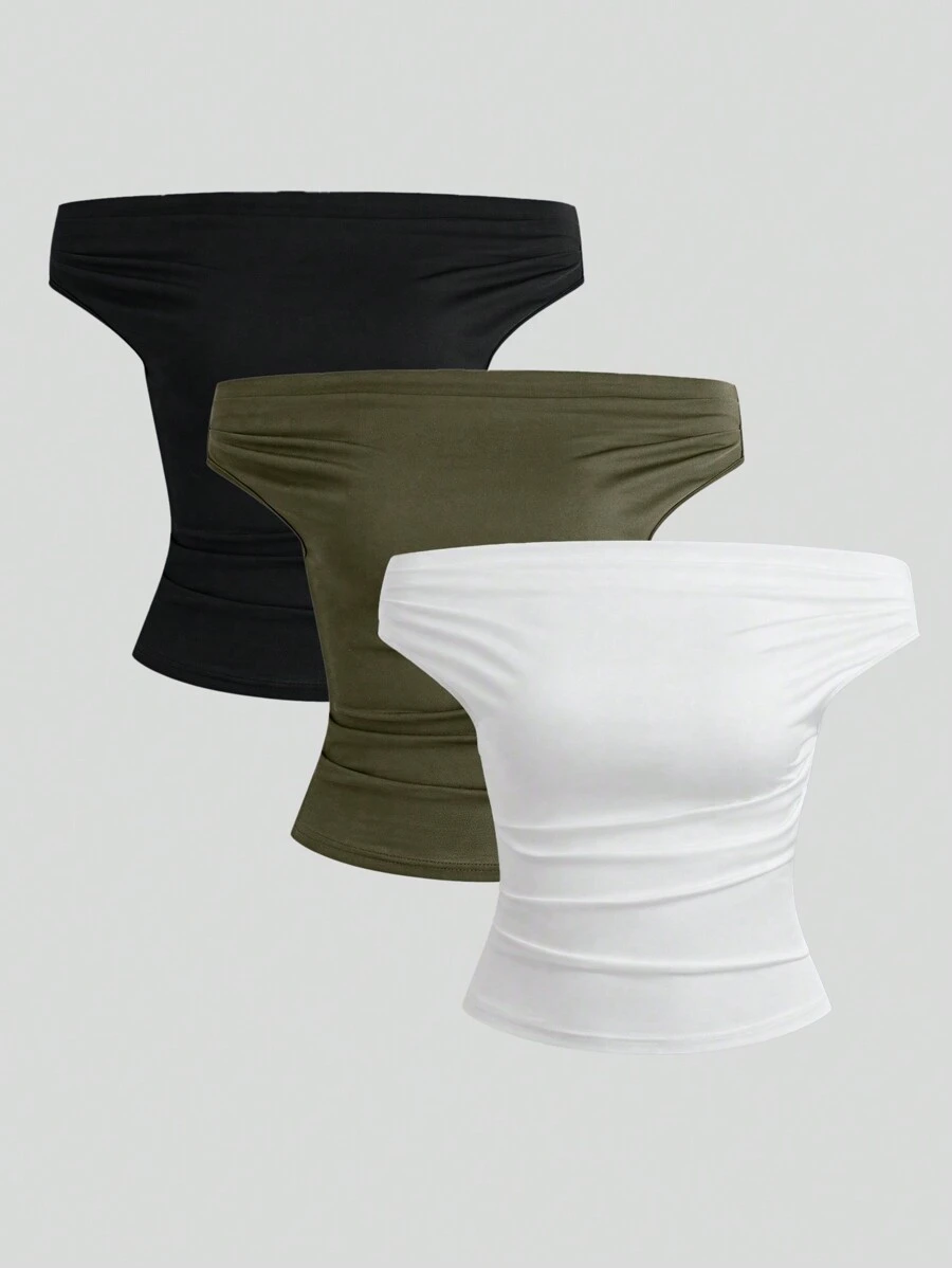 Sweetra 女士纯色露肩褶皱简约衬衫，休闲日常穿着 - 彩色 - 查看 1