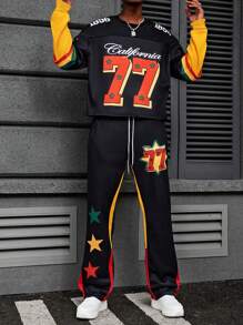 Manfinity Campus Court Men's Black Autumn Streetwear 2 In 1 Set,College Oversized Letter Pattern Printed Patchwork Sweatshirt And Pants,Holiday Back-To-School Men Tracksuit - Multicolor - View 2