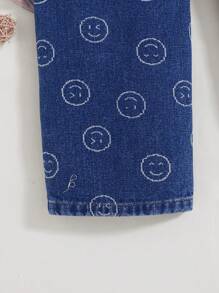 年轻女孩牛仔背带裤和连体裤，可爱笑脸设计，大口袋，宽松牛仔工装裤 - 藍色 - 查看 6