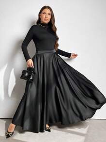 Vionelle Plus Size Elegant Solid Color Flared Skirt, Autumn Maxi Women Outfit - Black - View 3