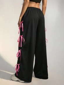 SHEIN EZwear Women's Fall Winter Y2K Street Wear Bow Detail Knot Tie Black Sweatpants