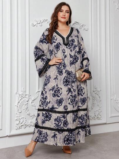 Al Najma 大码优雅花卉印花蕾丝边长裙，秋季，优雅朴素长袖长款 Jalabiya 阿拉伯连衣裙，适合休闲日常