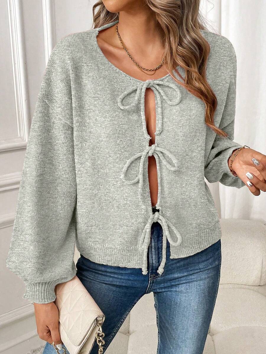 Chiquease 女士休闲纯色落肩宽松前系带开衫 - 灰色 - 查看 1