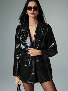 Poéselle 女士纯色长袖口袋休闲西装外套，日常穿着 - 黑色 - 查看 3