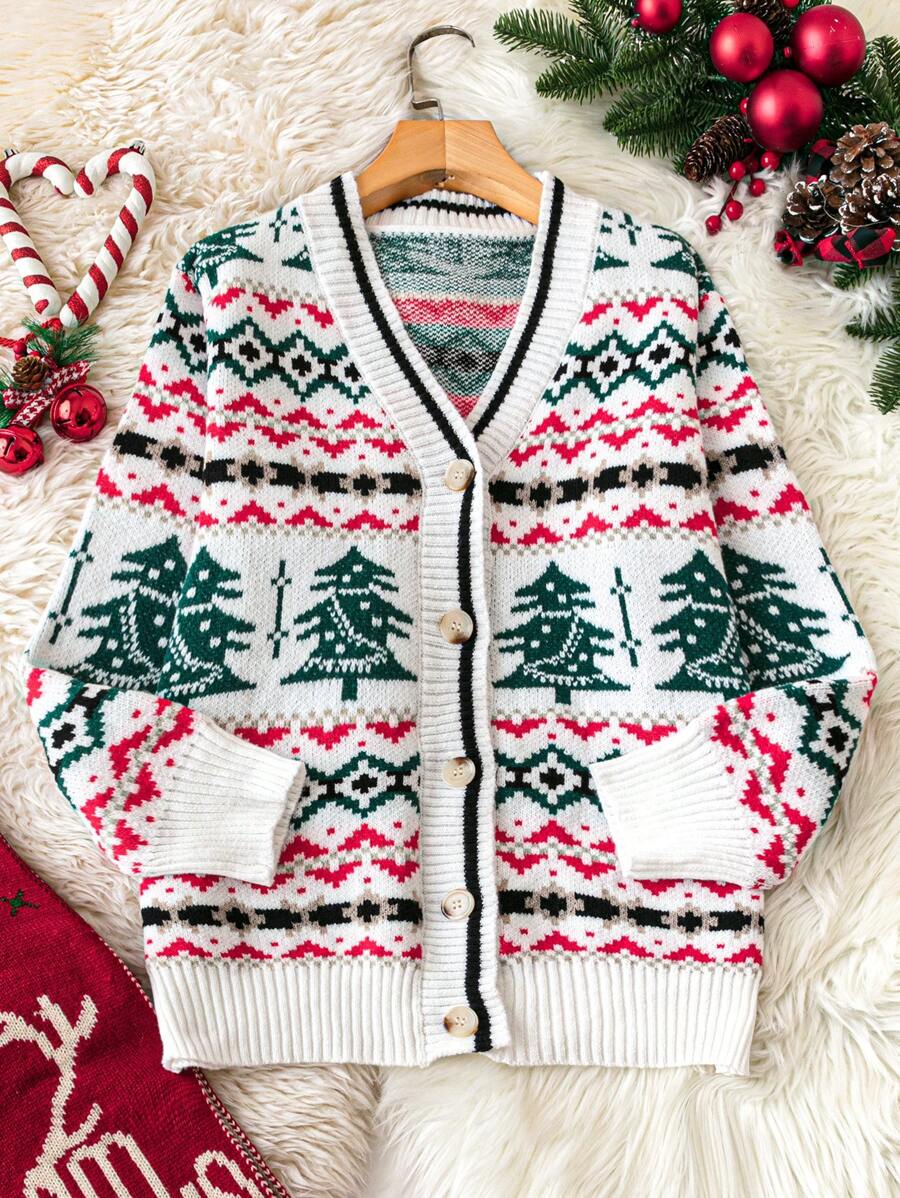 SHEIN LUNE 大码女式前扣开衫，带圣诞树图案，休闲/日常穿着，秋冬 - 紅白色 - 查看 1