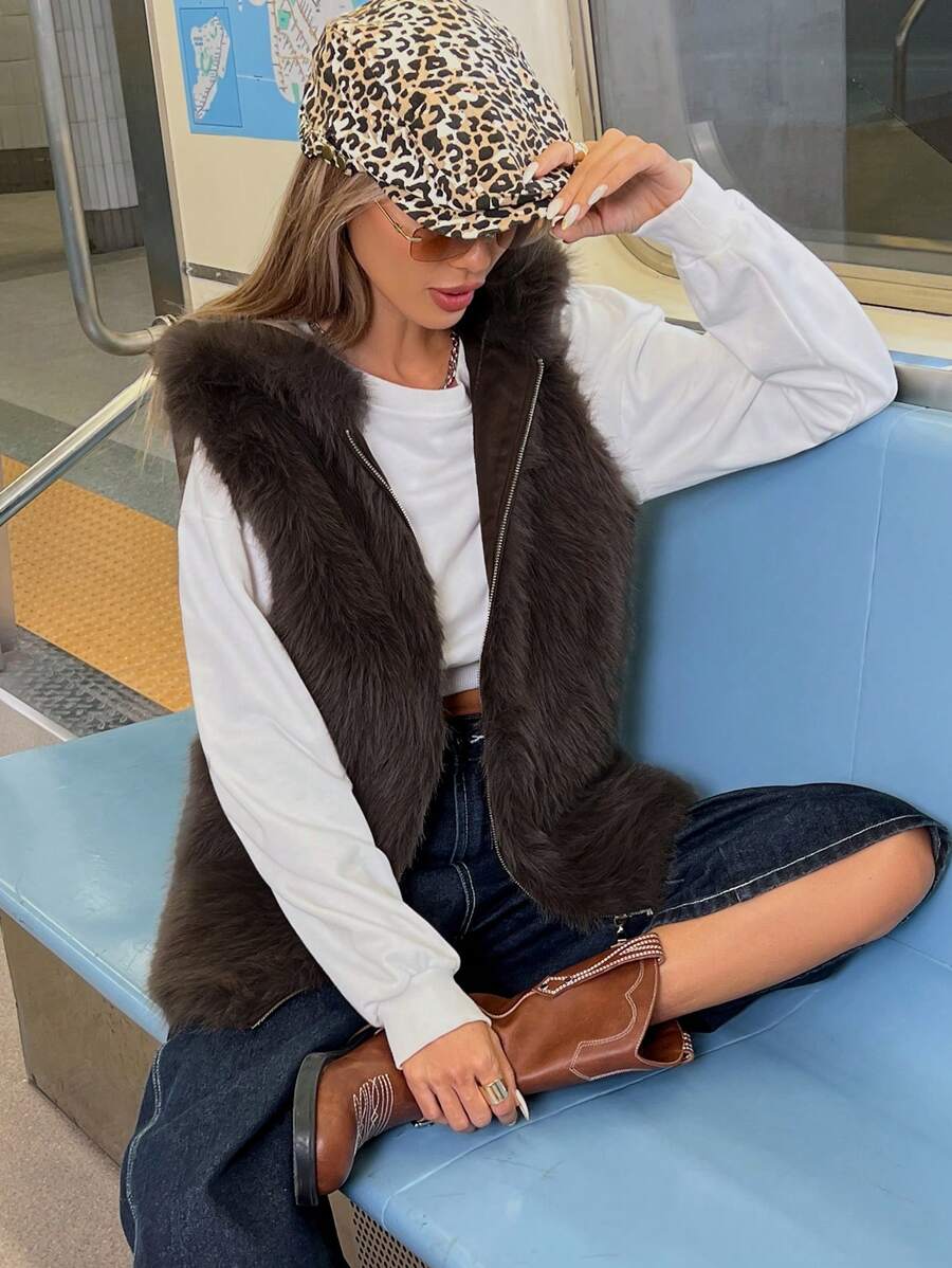 Aveloria Affinna 冬季新款女士背心、拉链短夹克 - 棕色 - 查看 1