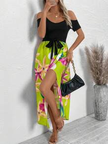SHEIN Clasi Vrouwen Casual Bloemenprint Splice Off Shoulder Spaghetti Band Hoge Split Jurk