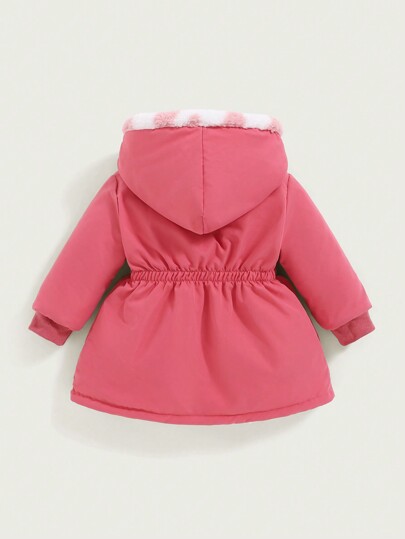 SHEIN Playful Pals 2 件套双面女婴厚羊毛格子连帽长外套，秋冬季休闲保暖外套
