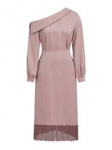 Modelyn Asymmetrical Neck Blouse & Fringe Hem Skirt - Dusty Pink - View 3