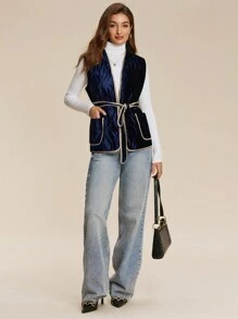 SHEIN Unity Women's Contrast Trim Belted Winter Clothes Padded Vest Puffer Jacket With Pockets - Navy Blue - View 3