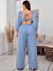 SHEIN LUNE 大码女式甜心领露背打结泡泡袖宽松阔腿牛仔连体裤