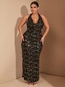 SHEIN BAE 大码女式纯色串珠亮片流苏装饰派对鸡尾酒会礼服，优雅正式场合礼服，适合俱乐部穿着，女士生日礼服 - 黑色 - 查看 4