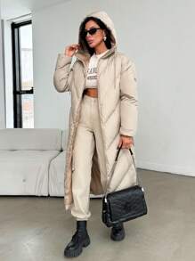 EURMUSE Women's Quilted Hooded Zip Up Stylish Padded Coat - Beige - View 8