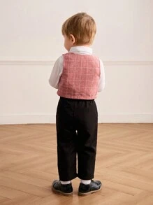 SHEIN 3 pièces/Set Gilet à carreaux pour bébé garçon, chemise à manches longues blanche, ensemble de pantalon noir avec nœud papillon, tenue de gentleman pour les occasions de printemps/automne comme les fêtes, les mariages, le port quotidien et les séances photo - Multicolore - Voir 2