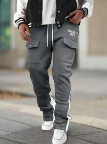 Manfinity Homme Men's Letter Print Drawstring Waist Cargo Pocket Casual Sweatpants, For Rave - Dark Grey - View 3