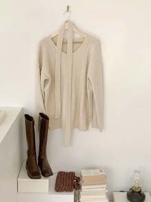 DAZY 女式 V 领宽松麻花针织收腰套头衫，秋季女装