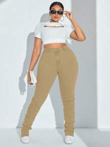 SHEIN SXY 大码女式米色弹力紧身牛仔裤