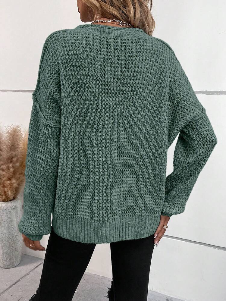 SHEIN LUNE Suéter de punto casual minimalista de mujer con botones frontales de manga larga y unicolor - Verde - Añade 2