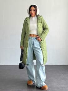 SHEIN PETITE 纯色连帽前拉链绗缝夹克，冬季长袖 - 軍綠色 - 查看 3