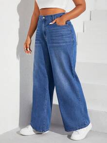 SHEIN EZwear Quần jeans ống đứng màu xanh lam không co giãn cho nữ cỡ lớn, mùa thu/đông - Màu xanh lam - Xem 3