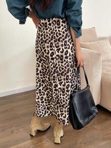 DAZY Falda midi de línea A con estampado de leopardo para mujeres