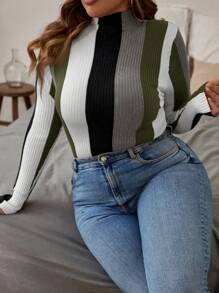 SHEIN Clasi Große Größen Farbblockstreifen-Muster Stehkragen Langarm Pullover - Armeegrün - Übersicht 7