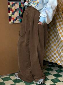 Claim Dot Loose Fit Men's Corduroy Wide Leg Pants With Slant Pockets, No Belt, For Fall Winter - Coffee Brown - View 3