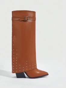 CUCCOO GRLICON Women's Rivet Buckle Decor Vintage Brown Western Style Boots For And Spring Shoes Spring Break Easter - Brown - View 3