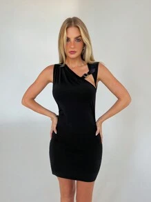 Aloruh Women Sexy Fitted Patchwork Leather Button Mini Dress With Hollow Design - Black - View 10