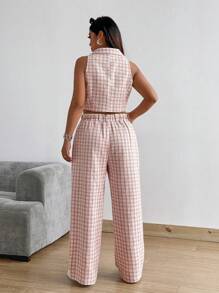 Flirla Plus Size Autumn/Winter Sleeveless Open Front Button Chunky Knit Pinkish White Contrast Color Vest And Pants Casual Work Party Date Elegant Suit Set - Pink - View 2
