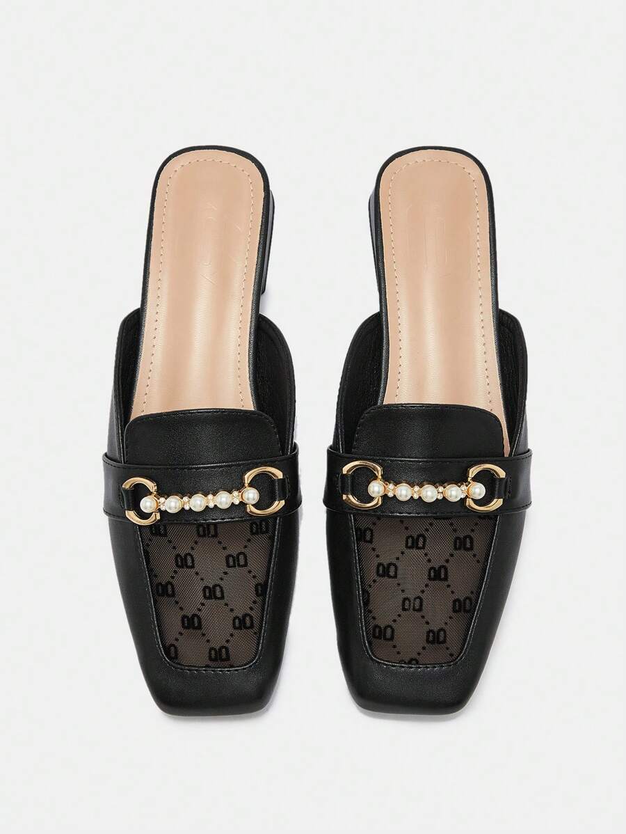 CUCCOO BIZCHIC 女士金属装饰简约粗跟休闲平底鞋黑色适合圣诞节和新年假期氛围秋冬季 - 黑色 - 查看 1