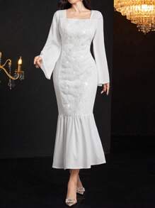 Modelyn Women's Solid Color Square Neck Floral Applique Elegant Long Sleeve Dress
