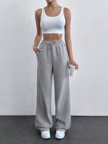 SHEIN Tall Women Casual Sports Solid Color Drawstring Waist Slant Pockets Loose Sweatpants, Autumn - Light Grey - View 5