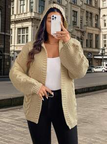 Calvaya Damen Große Größen Lässige offene Kapuzen-Strickjacke mit einfarbigem, dickem Strick für Herbst/Winter - Khaki - Übersicht 4