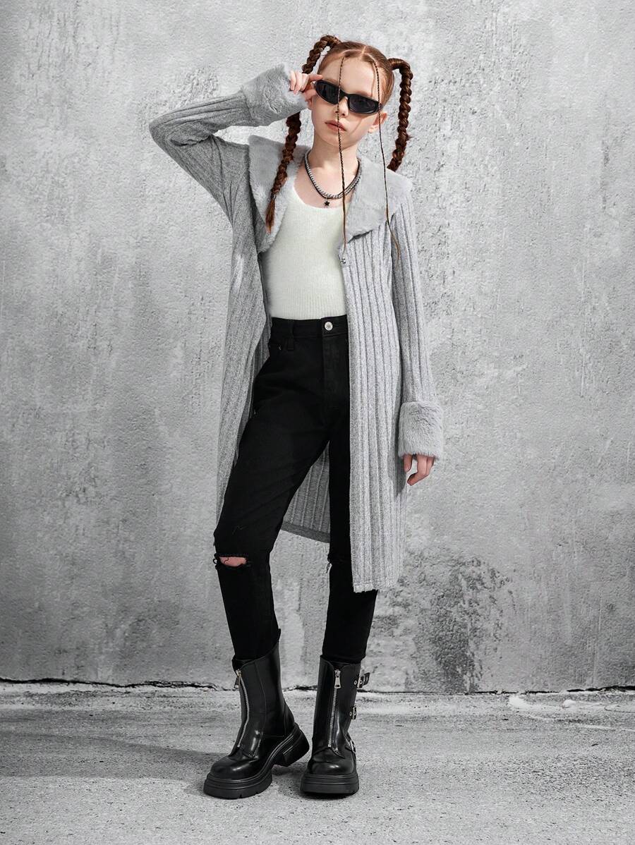 SHEIN Tween Girls Grey Ribbed Patchwork Fluffy Collar Fluffy Sleeve All-Match Casual Longline Jacket, Fall - Grey - View 1
