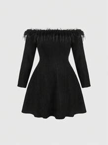 SHEIN MOD Plus Size Off Shoulder Long Sleeve Furry Patchwork Casual Mini Dress - Black - View 1