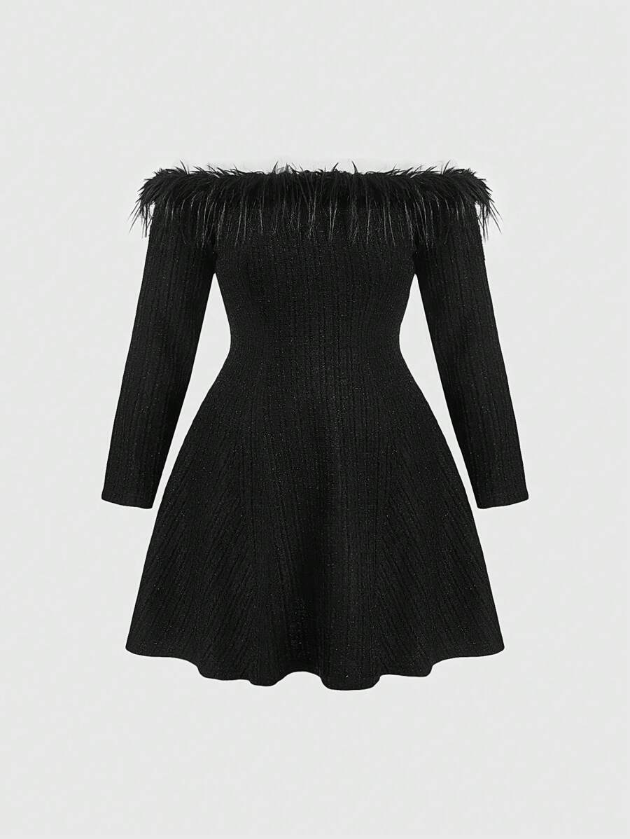 SHEIN MOD Plus Size Off Shoulder Long Sleeve Furry Patchwork Casual Mini Dress - Black - View 1