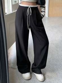 DAZY 女士撞色腰带系带条纹宽松裤，适合所有季节 - 黑色 - 查看 7