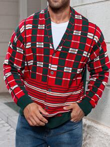 Manfinity Homme Men Plus Size Casual Everyday Contrast Color Button Front Shawl Collar Cardigan, Autumn & Winter, Christmas - Multicolor - View 4