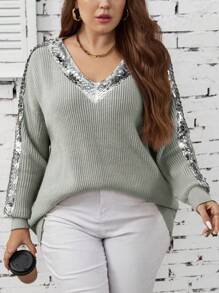 SHEIN LUNE Plus Size Casual V-Neck Loose Knit Sweater With Sequin Patchwork, Suitable For Autumn/Winter - Grey - View 1
