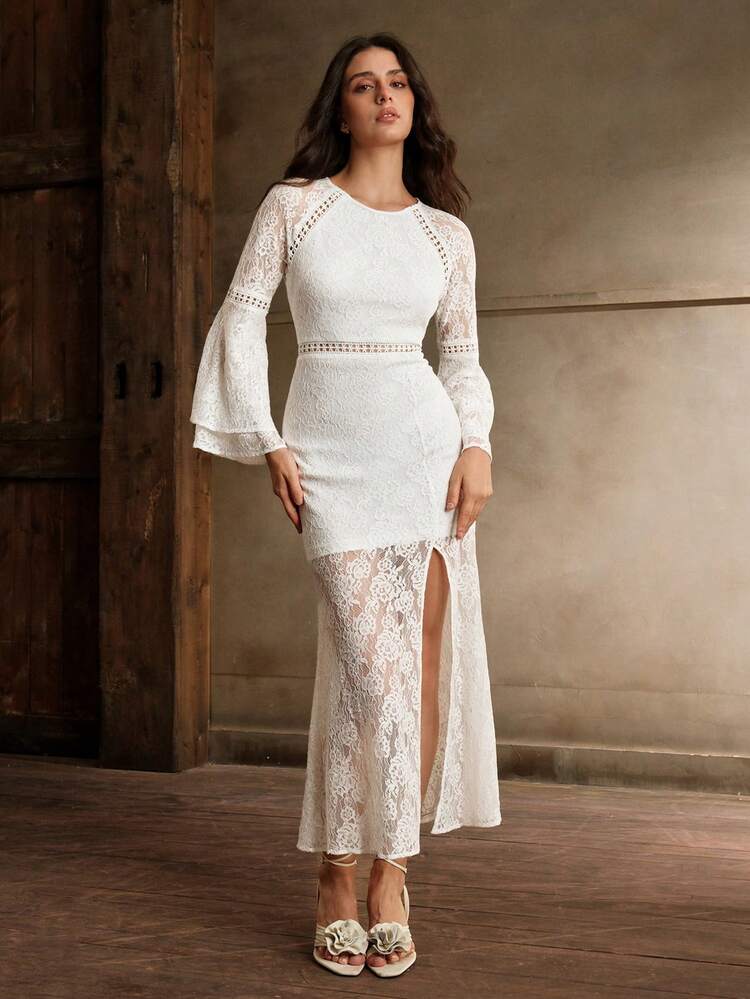 Women's Elegant Flared Long Sleeve Lace Trim Dress Maxi Women Outfit