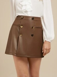 SHEIN Clasi Elegant Women's Brown Metal Button Decoration And Asymmetry In Winter, PU Skirt With Back Zipper - Brown - View 1