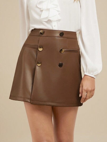 SHEIN Clasi Elegante Saia de Inverno Assimétrica com Botão de Metal Marrom e Fecho Ecler na Parte de Trás, em PU