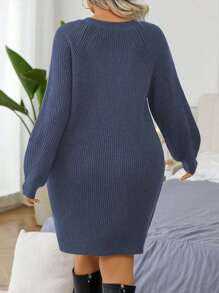 Calvaya Váy len dệt kim ngắn tay dài buộc nơ màu trơn cỡ lớn cho mùa đông - Màu xanh hải quân - Xem 2