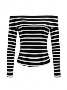 INAWLY Áo thun sọc dài tay hở vai thường ngày cho nữ, mùa xuân và mùa thu - Đen và trắng - Xem 3