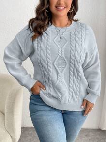 Plus Size Women Casual Solid Color Drop Shoulder Relaxed Fit Cable Knit Pullover Sweater, For Winter Knit Pullover Fall Sweater - Grey - View 1