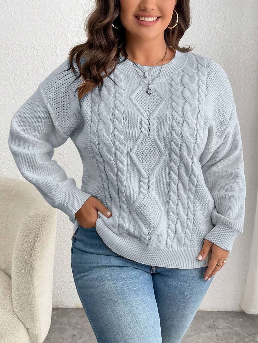 Plus Size Women Casual Solid Color Drop Shoulder Relaxed Fit Cable Knit Pullover Sweater, For Winter Knit Pullover Fall Sweater - Grey - View 1
